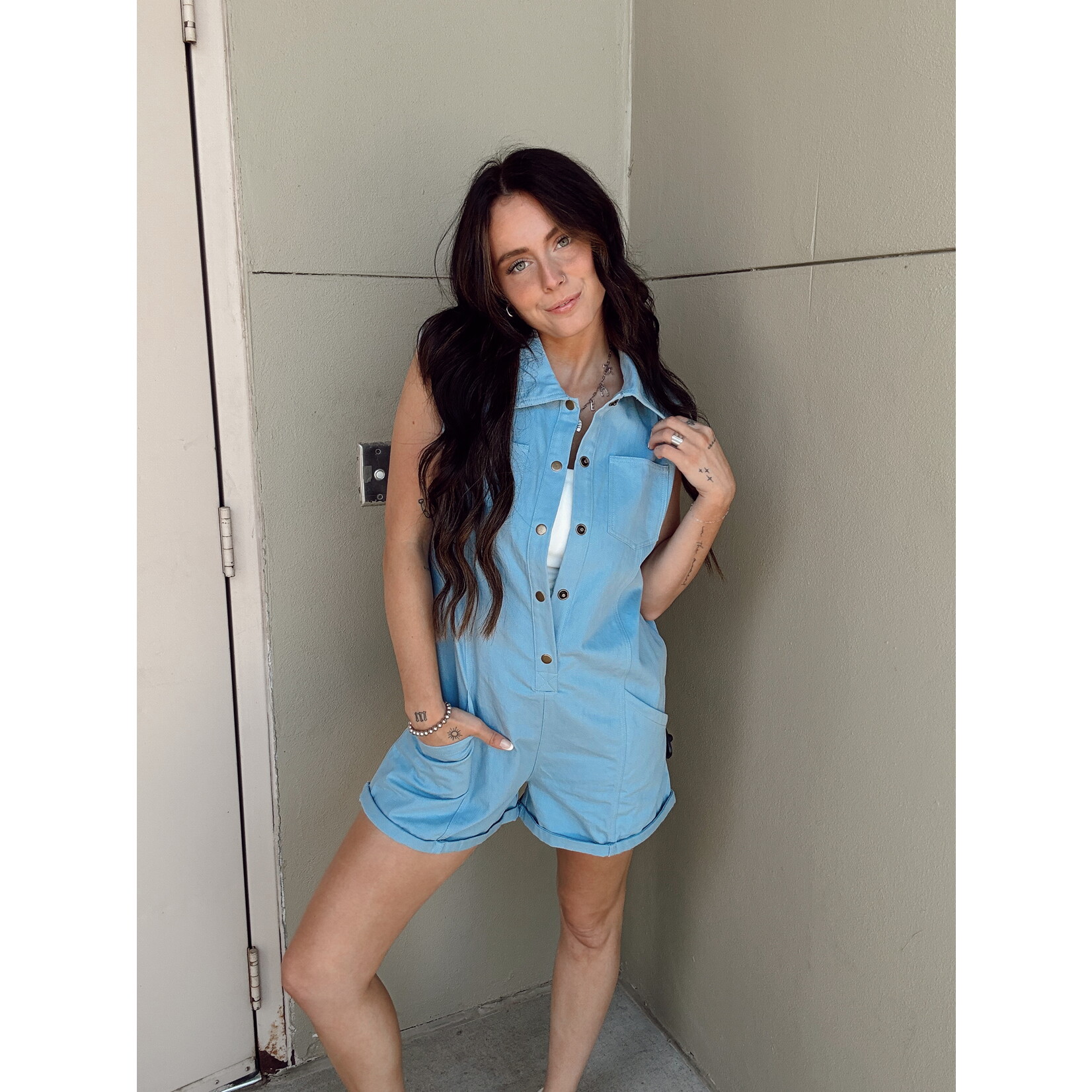 Color Denim Button Front Romper