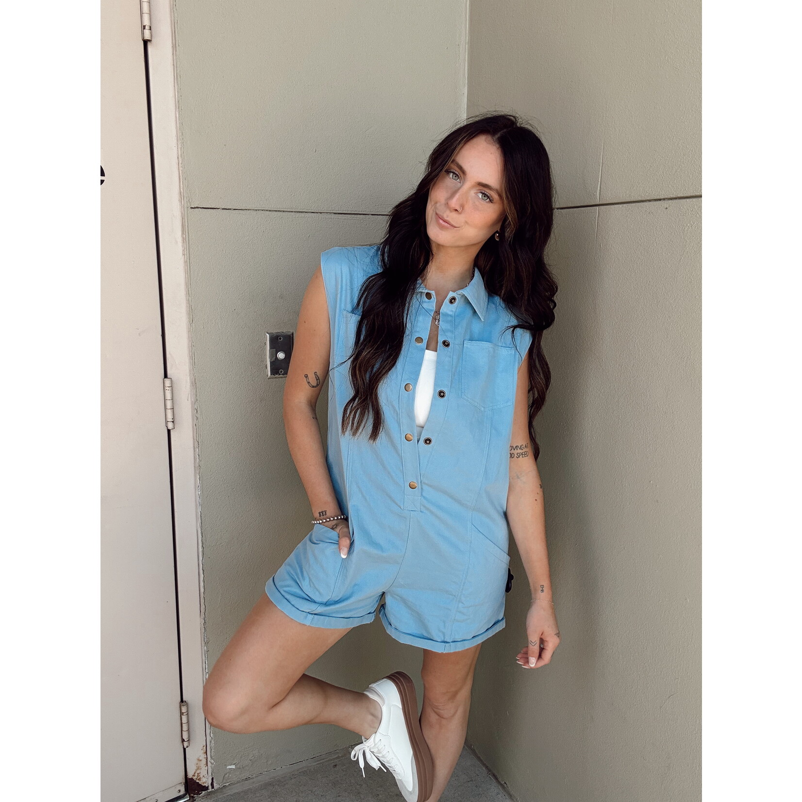 Color Denim Button Front Romper