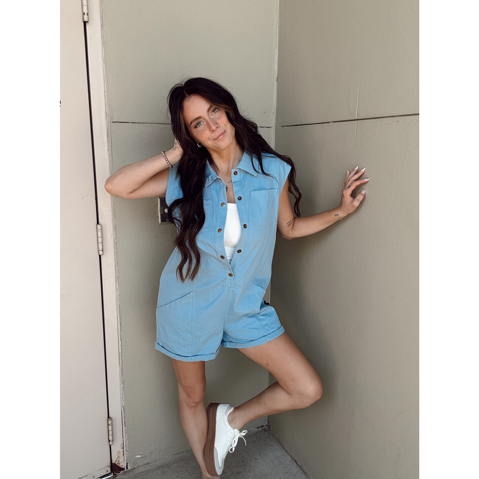 Color Denim Button Front Romper