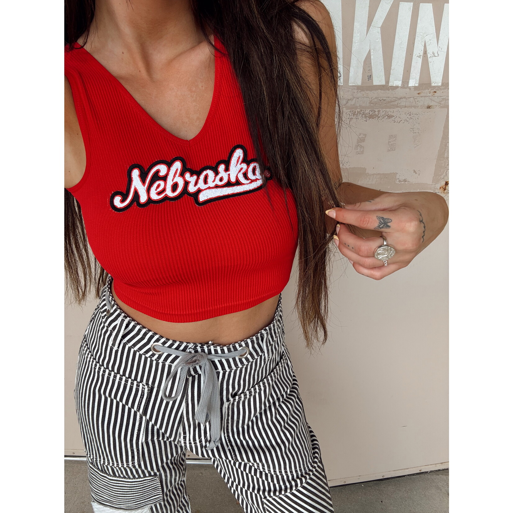 Nebraska Patch V-Neck Cropped Tank