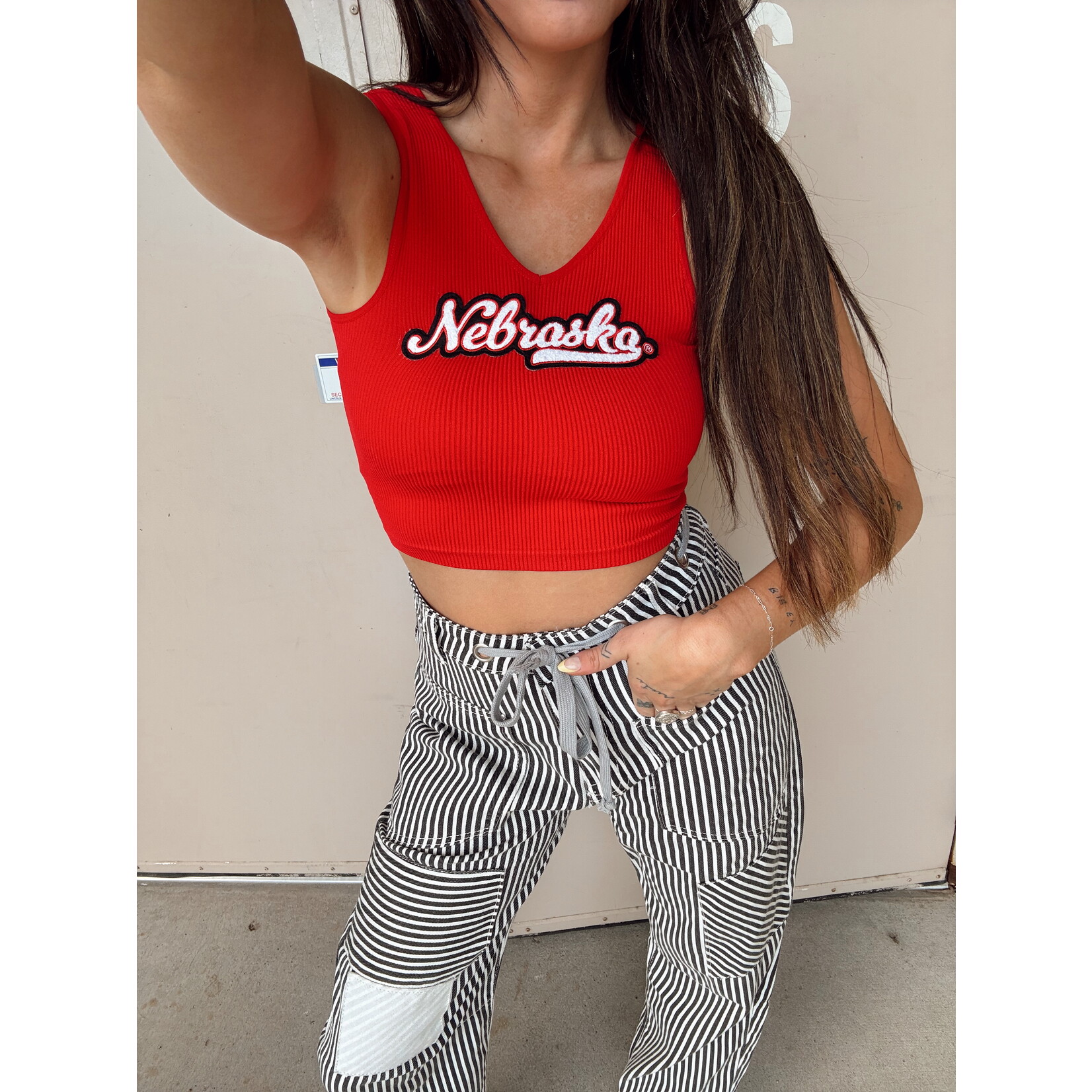 Nebraska Patch V-Neck Cropped Tank