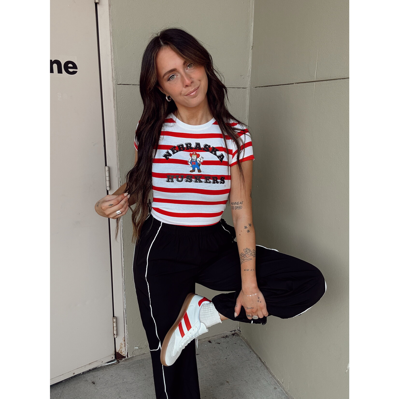 Active Basic Nebraska Huskers Stripe Baby Tee