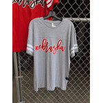 Cursive Nebraska Tee w/ Stripe Sleeve