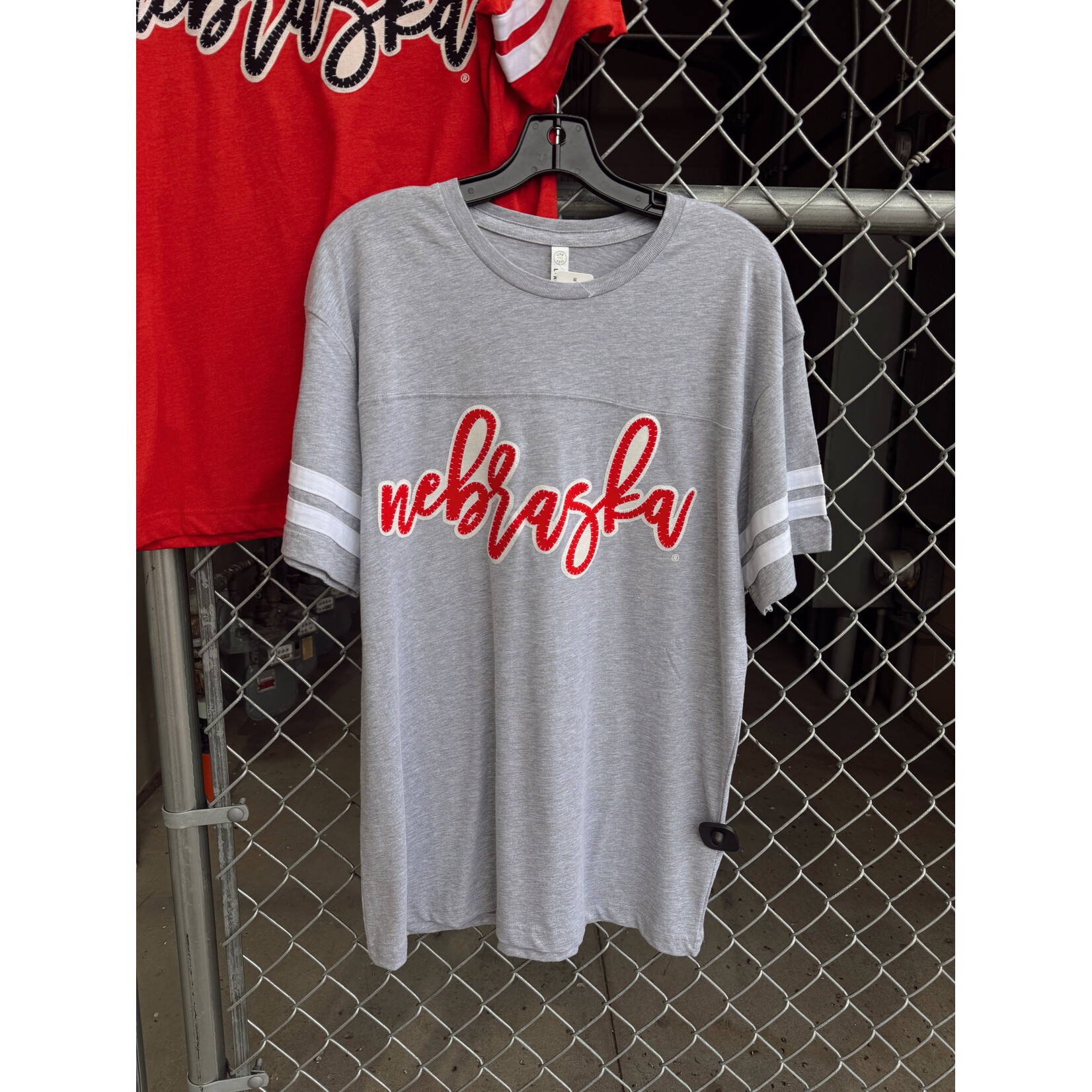 Cursive Nebraska Tee w/ Stripe Sleeve