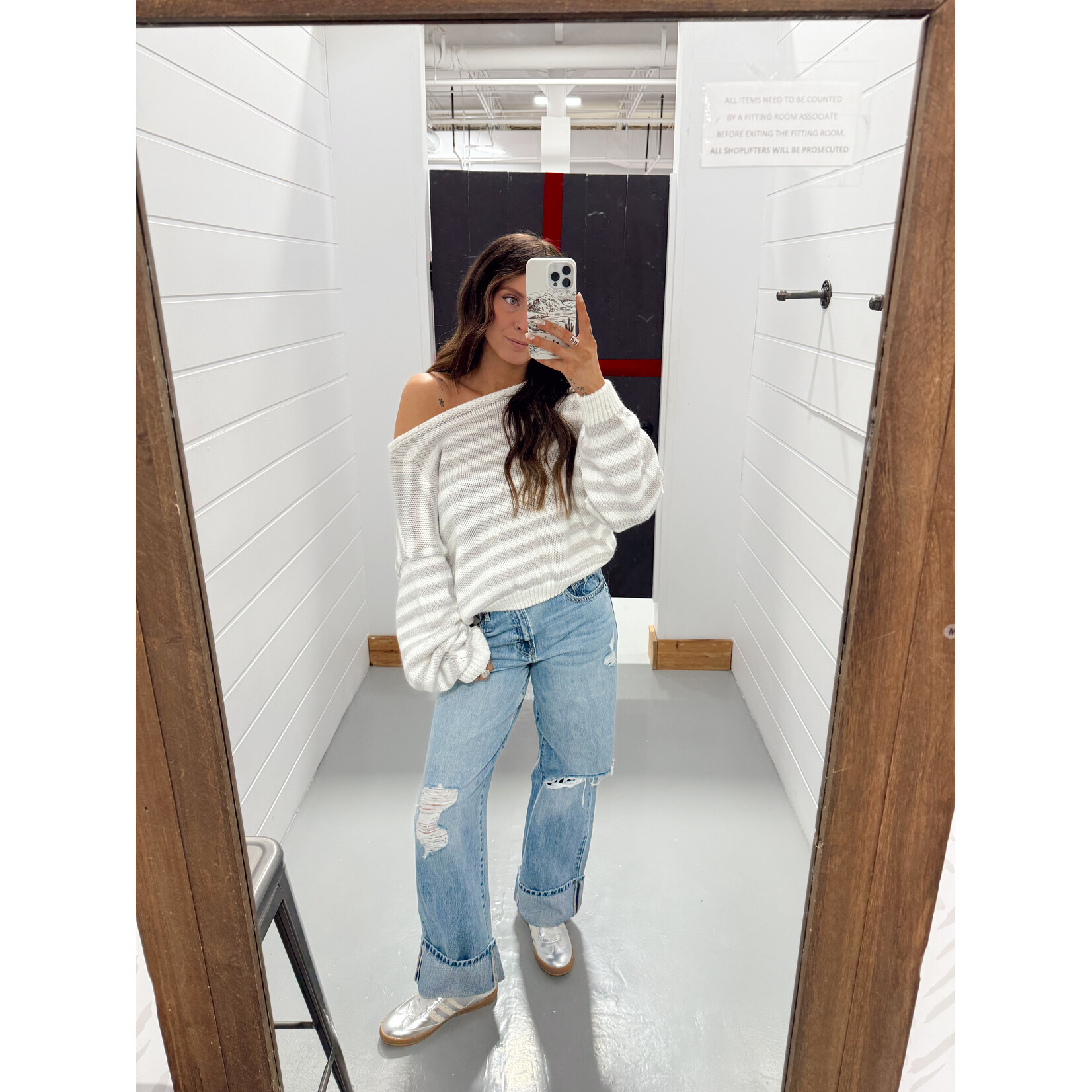 Striped Knit Off Shoulder Sweater