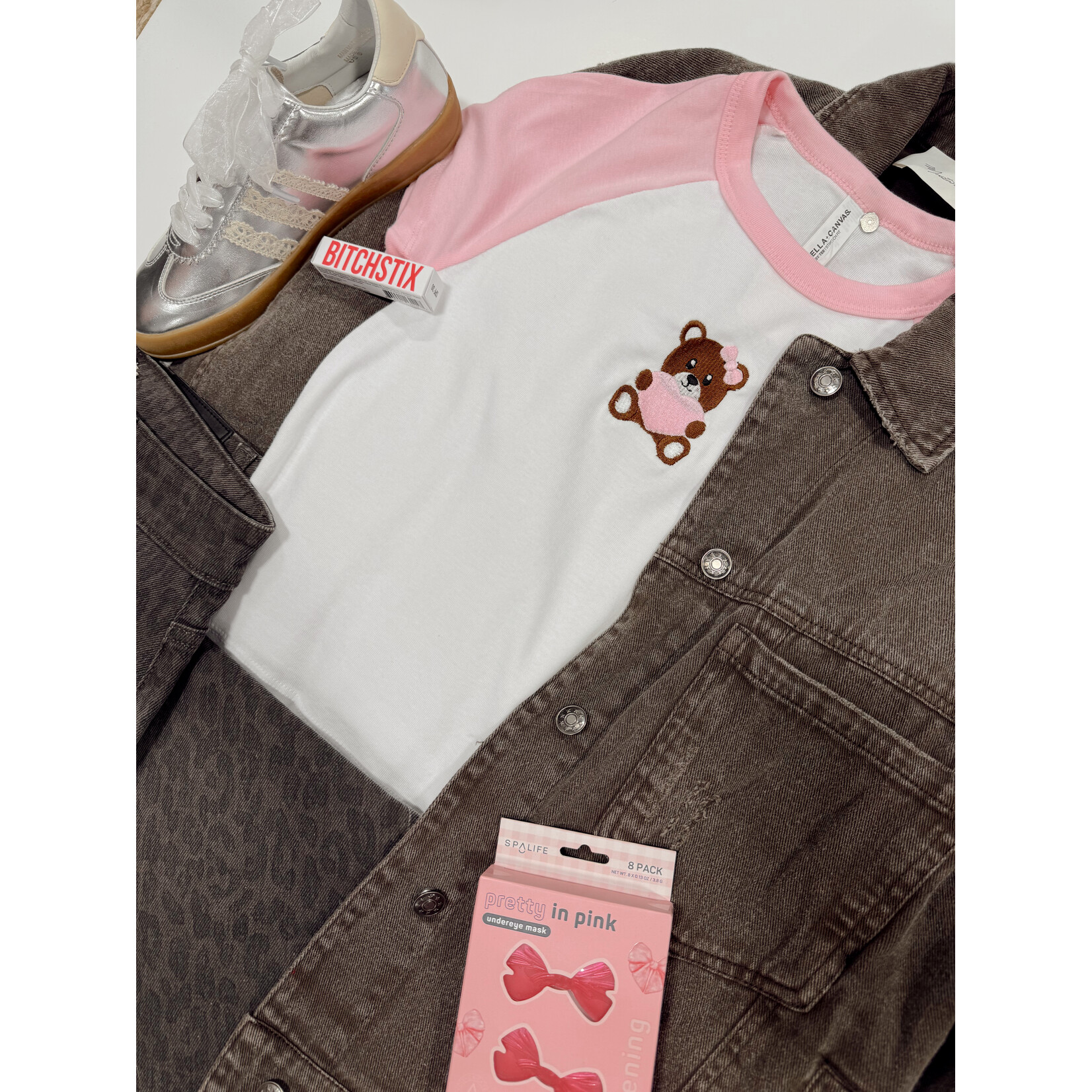 Bella+Canvas Teddy Bear Heart Emb. Baby Tee