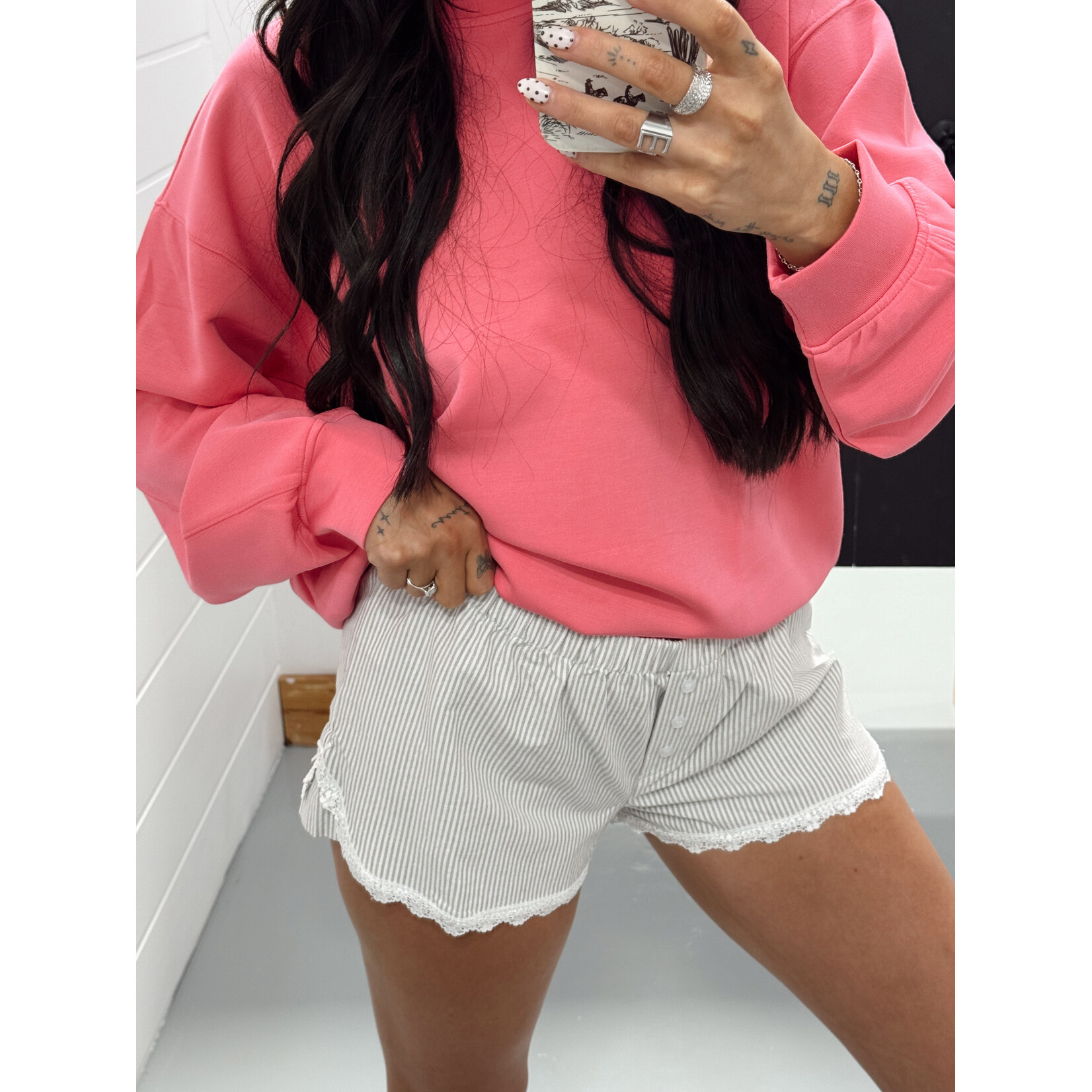 Pinstripe Boxer Shorts with Lace Trim