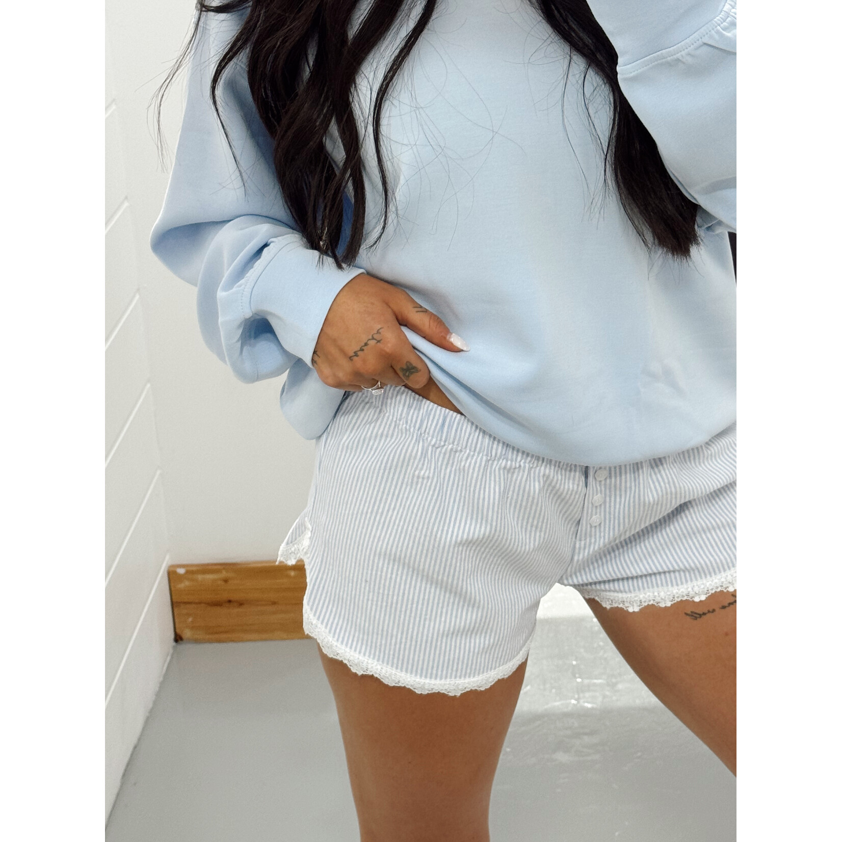 Pinstripe Boxer Shorts with Lace Trim