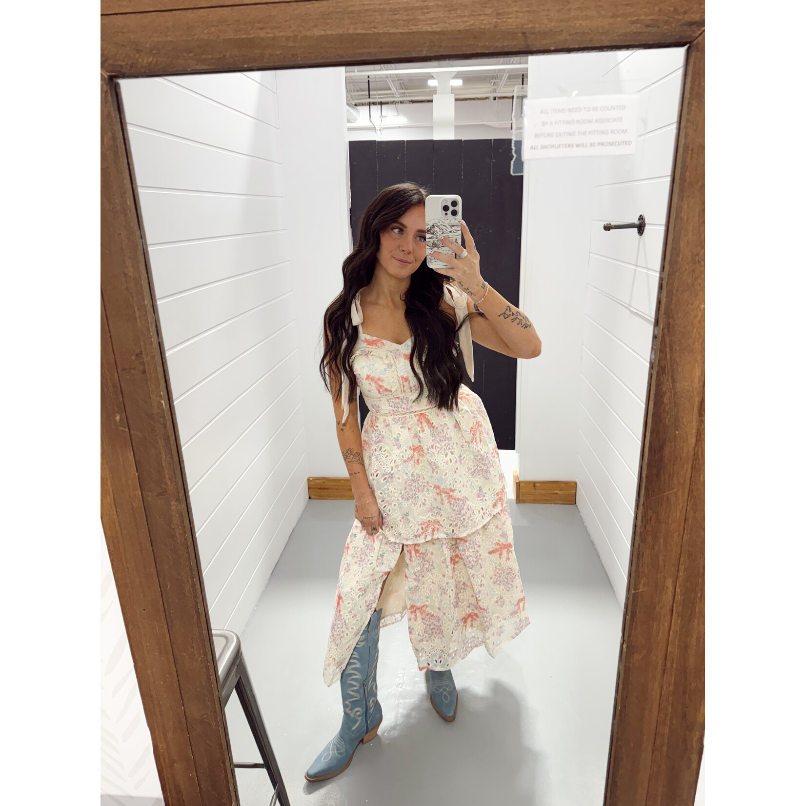 Just Me Floral Eyelet Strap Detail Midi Dress