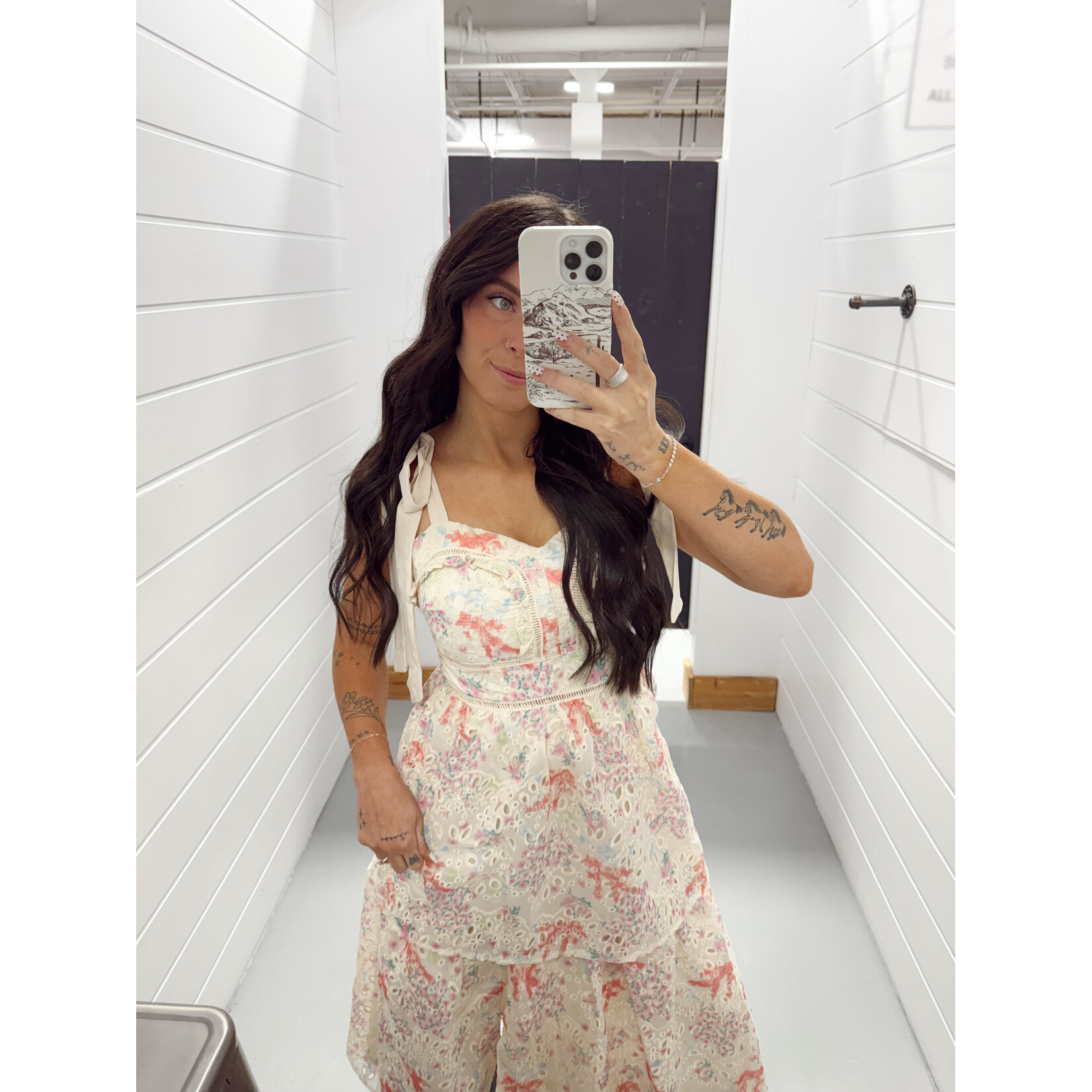 Just Me Floral Eyelet Strap Detail Midi Dress