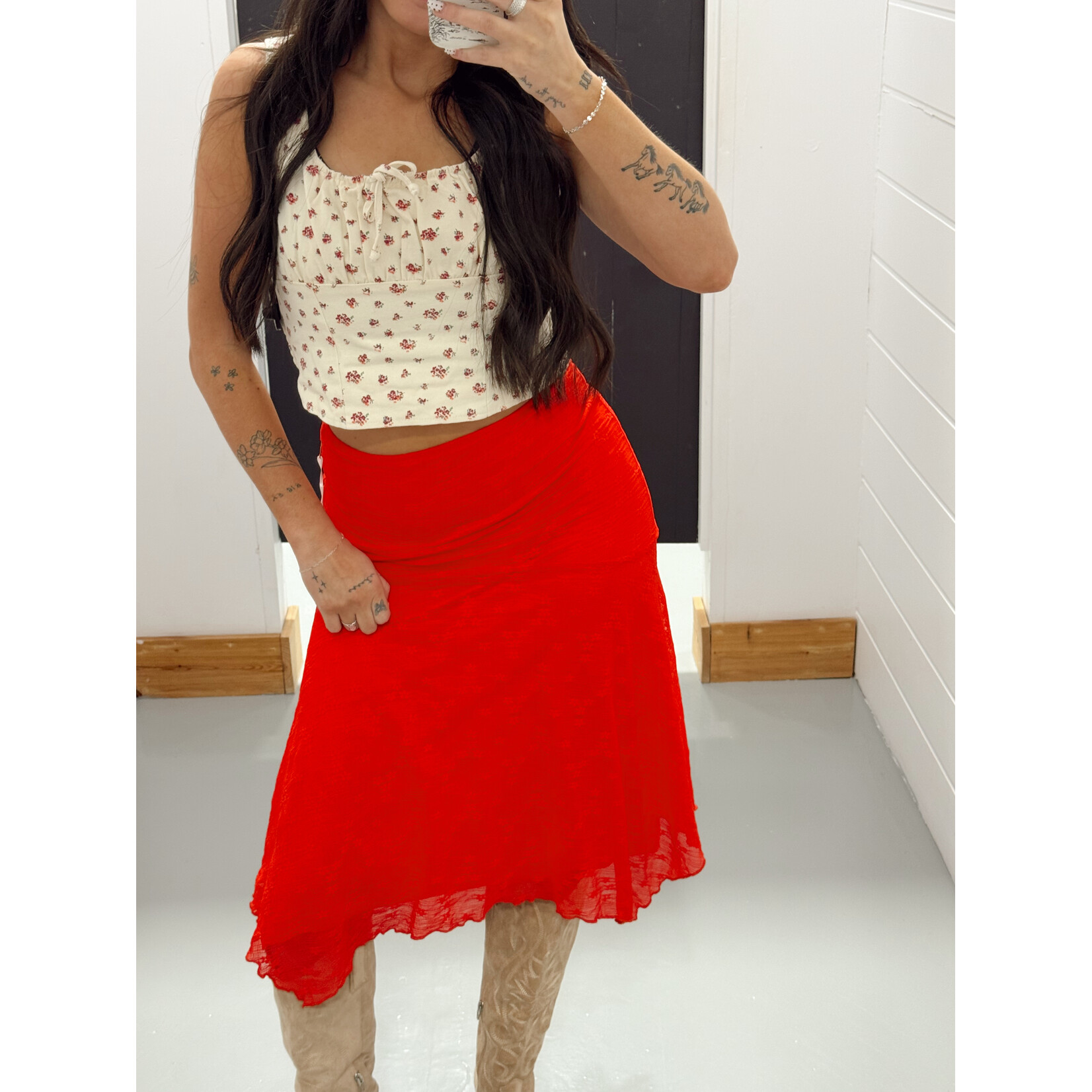 Mesh Lace Asymmetric Midi Skirt