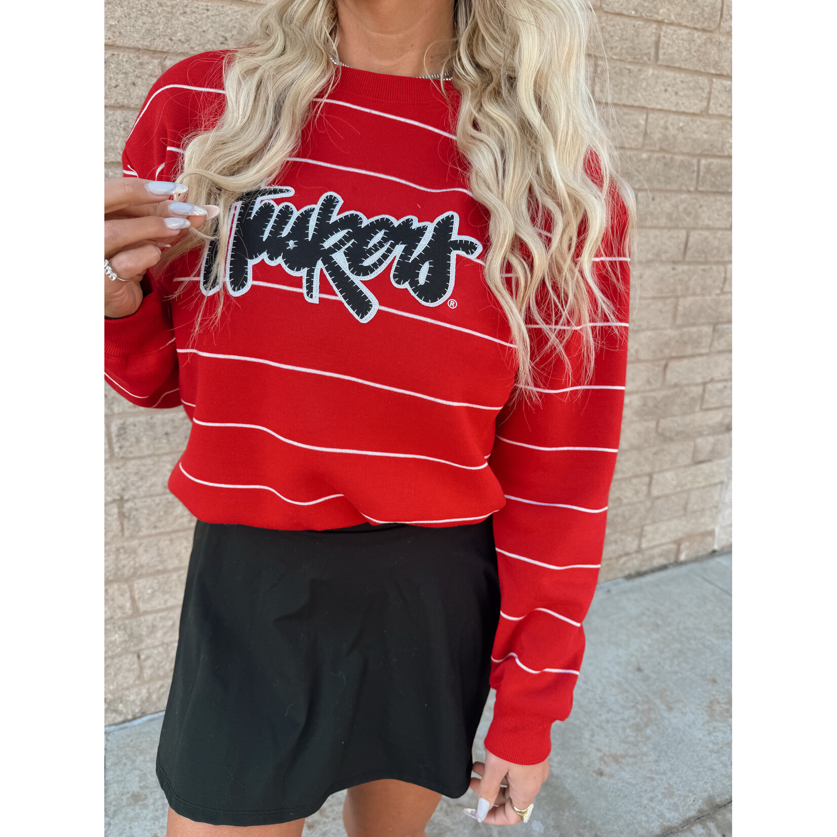 Huskers Sewn Striped Crew