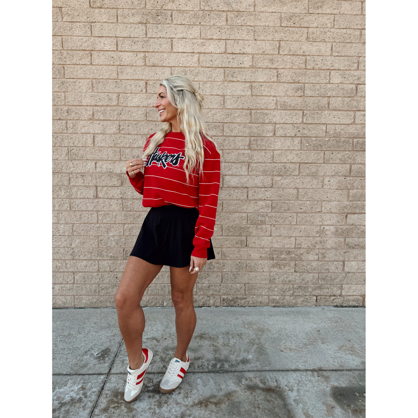 Huskers Sewn Striped Crew