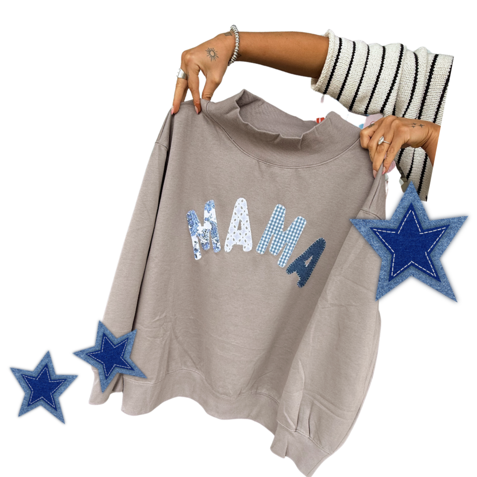 Denim Patchwork Mama Mockneck