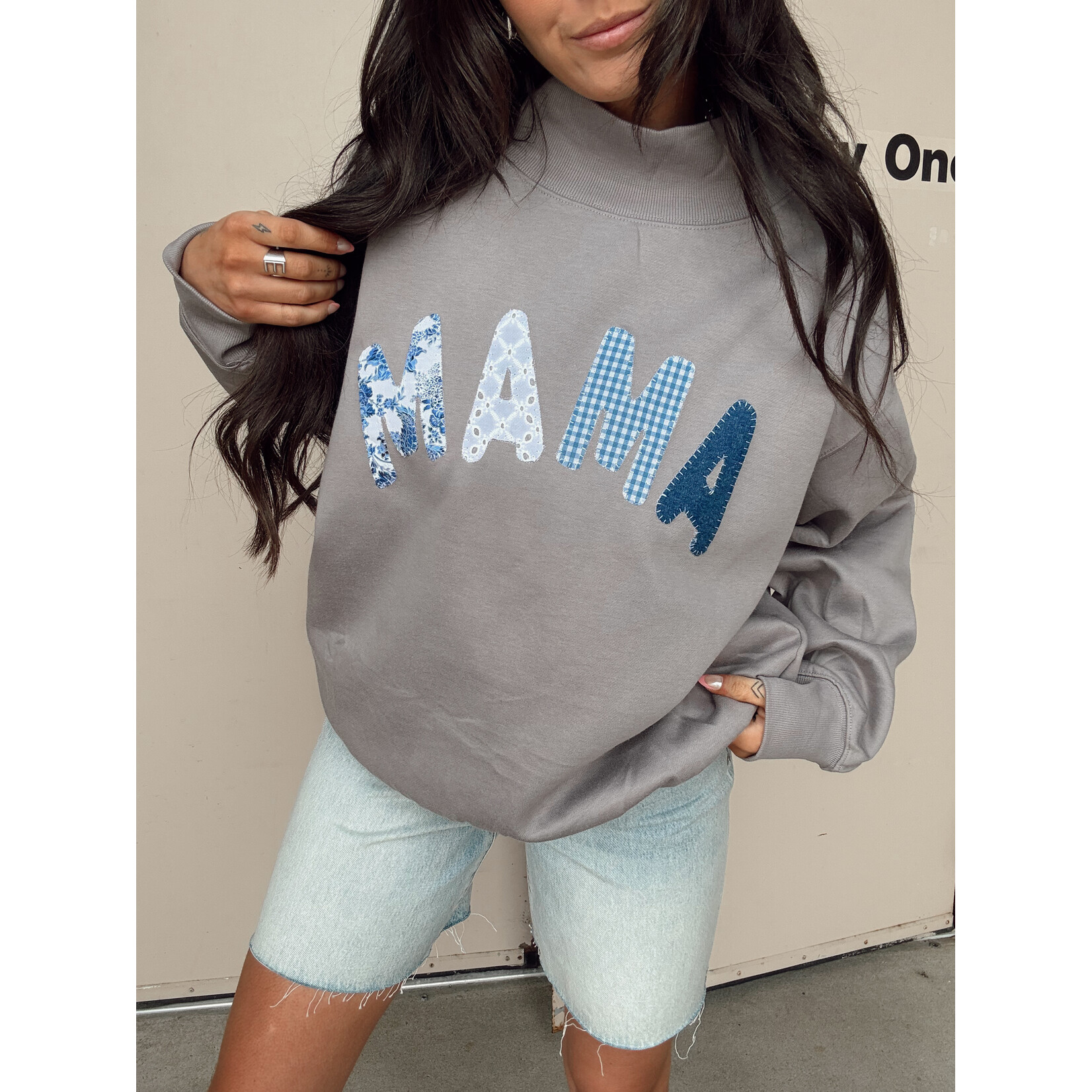 Denim Patchwork Mama Mockneck