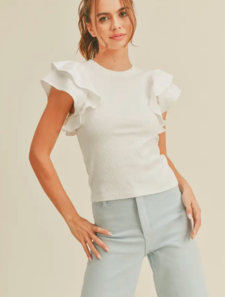 MIOU MUSE RIBBED RUFFLE SLEEVE TOP