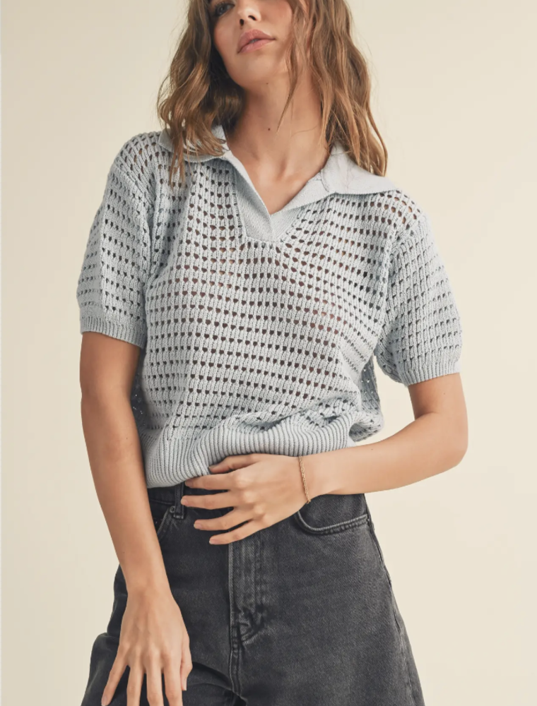 MIOU MUSE BLUE CROCHET KNITTED COLLARED TOP