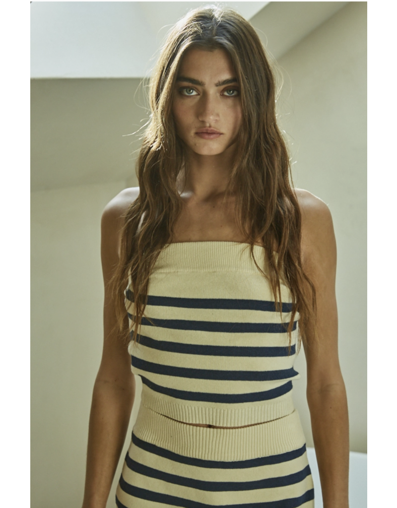 BY TOGETHER STRIPED STRAPLESS CREAM NAVY TOP