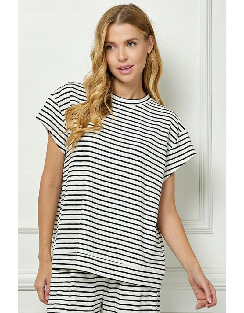 SEE AND BE SEEN STRIPED SHORT SLEEVE LOUNGE TOP