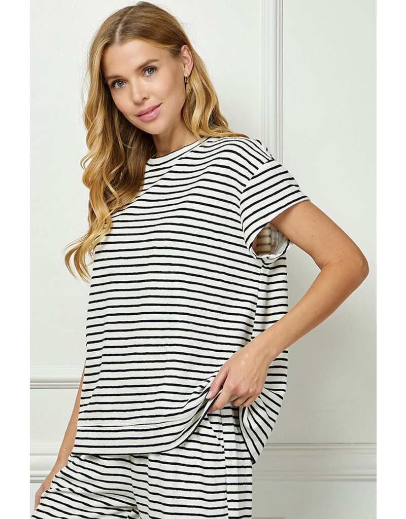 SEE AND BE SEEN STRIPED SHORT SLEEVE LOUNGE TOP