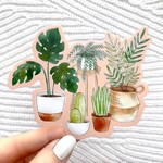 Potted Plants Watercolor with Pink Background - Sticker