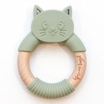 Silicone + Wood Ring Teether - Green Kitty