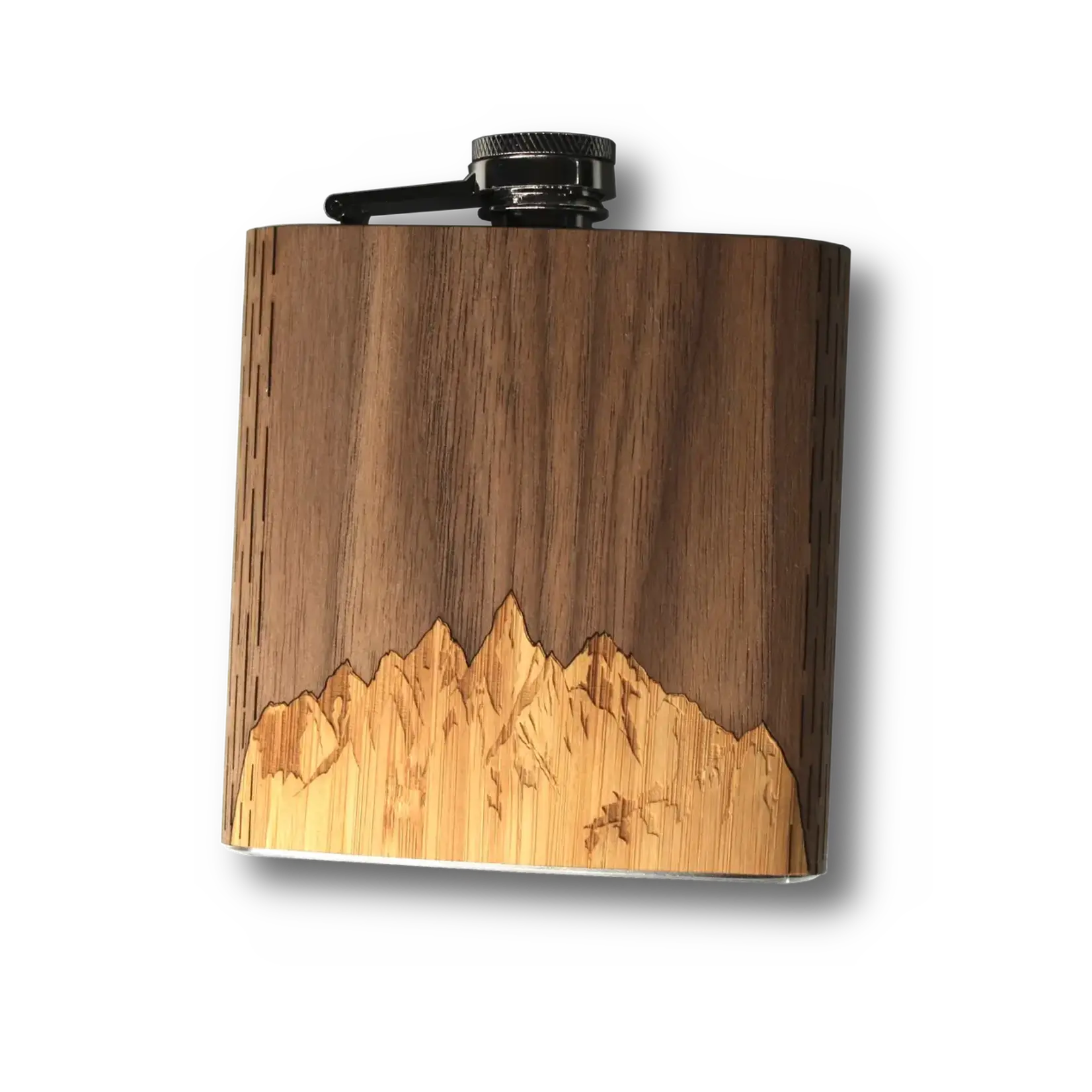 WUDN Handcrafted Mountains Wood + Stainless Steel Hip Flask
