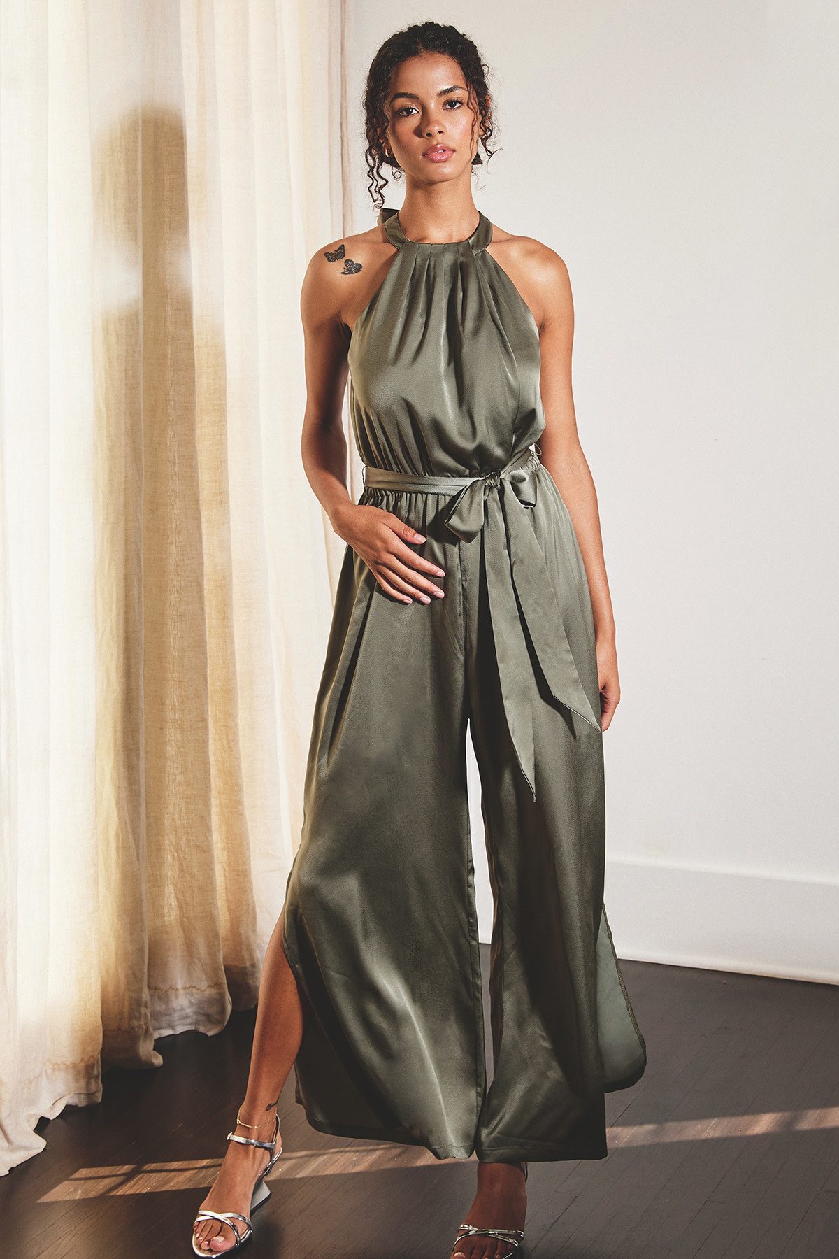 Liliana Satin Halter Jumpsuit Sage Green - Cleo + Kin