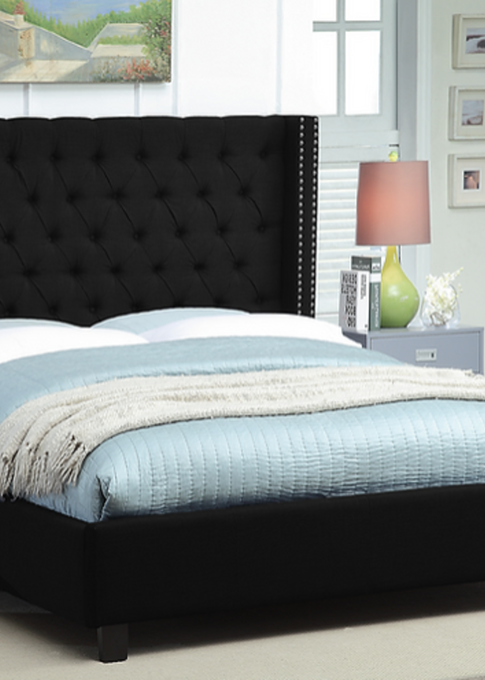 The Victoria- King Fabric Wing Bed Deep Button Tufting Nailhead Details