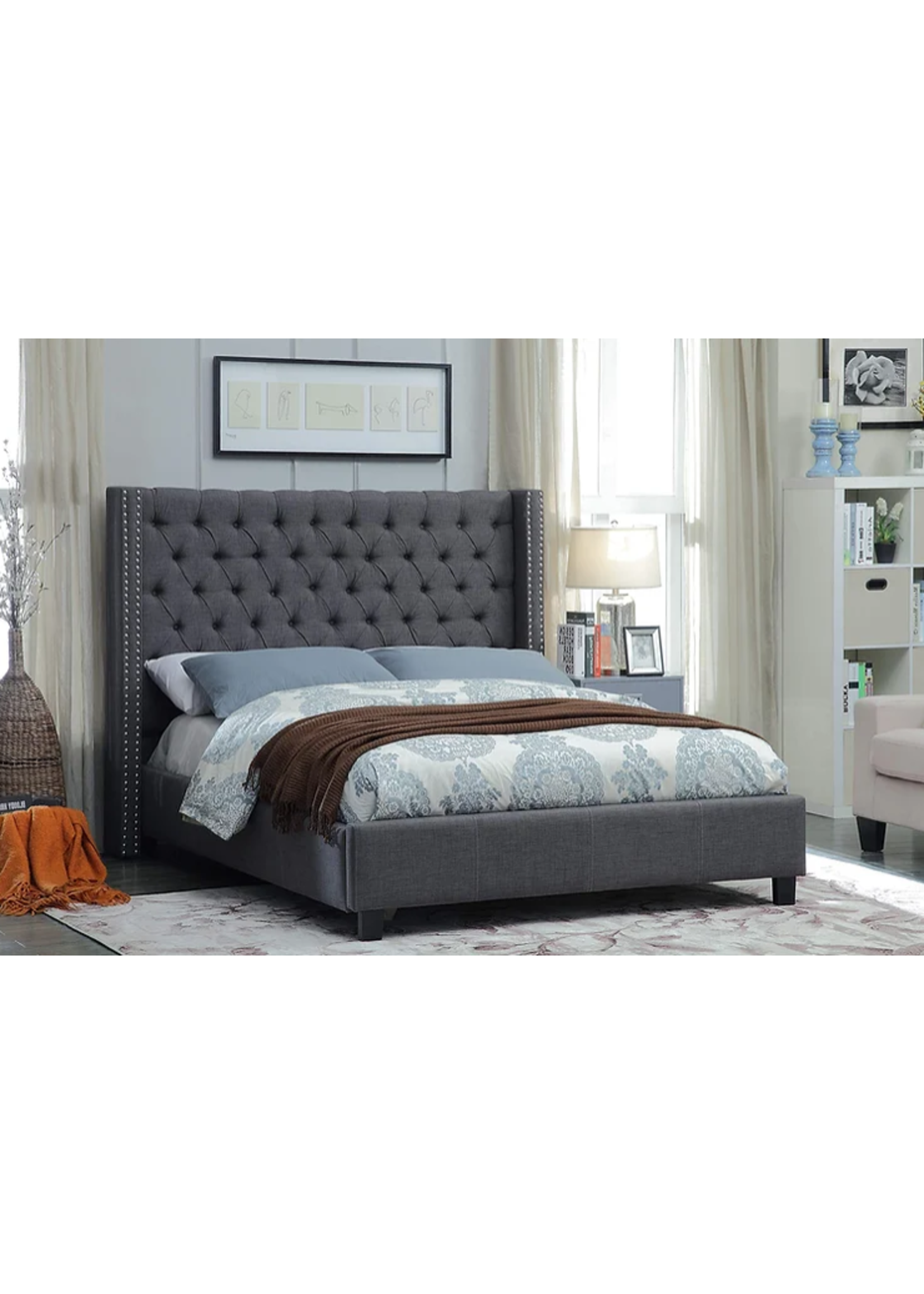 The Comox King Charcoal Grey Wing Bed Deep Button Tufting Nailhead Details