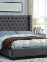 The Comox Queen Charcoal Grey Wing Bed Deep Button Tufting Nailhead Details