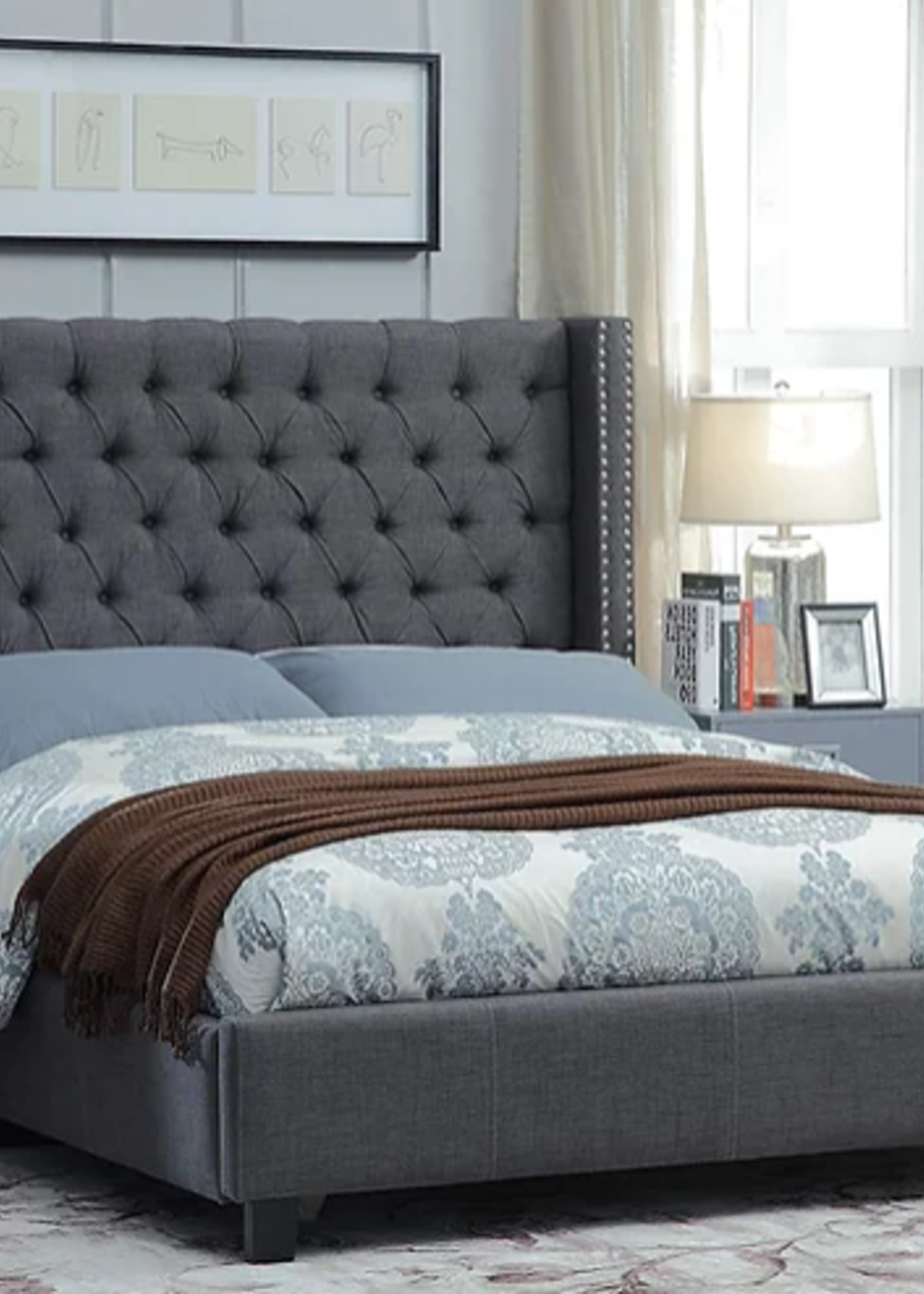The Comox Queen Charcoal Grey Wing Bed Deep Button Tufting Nailhead Details