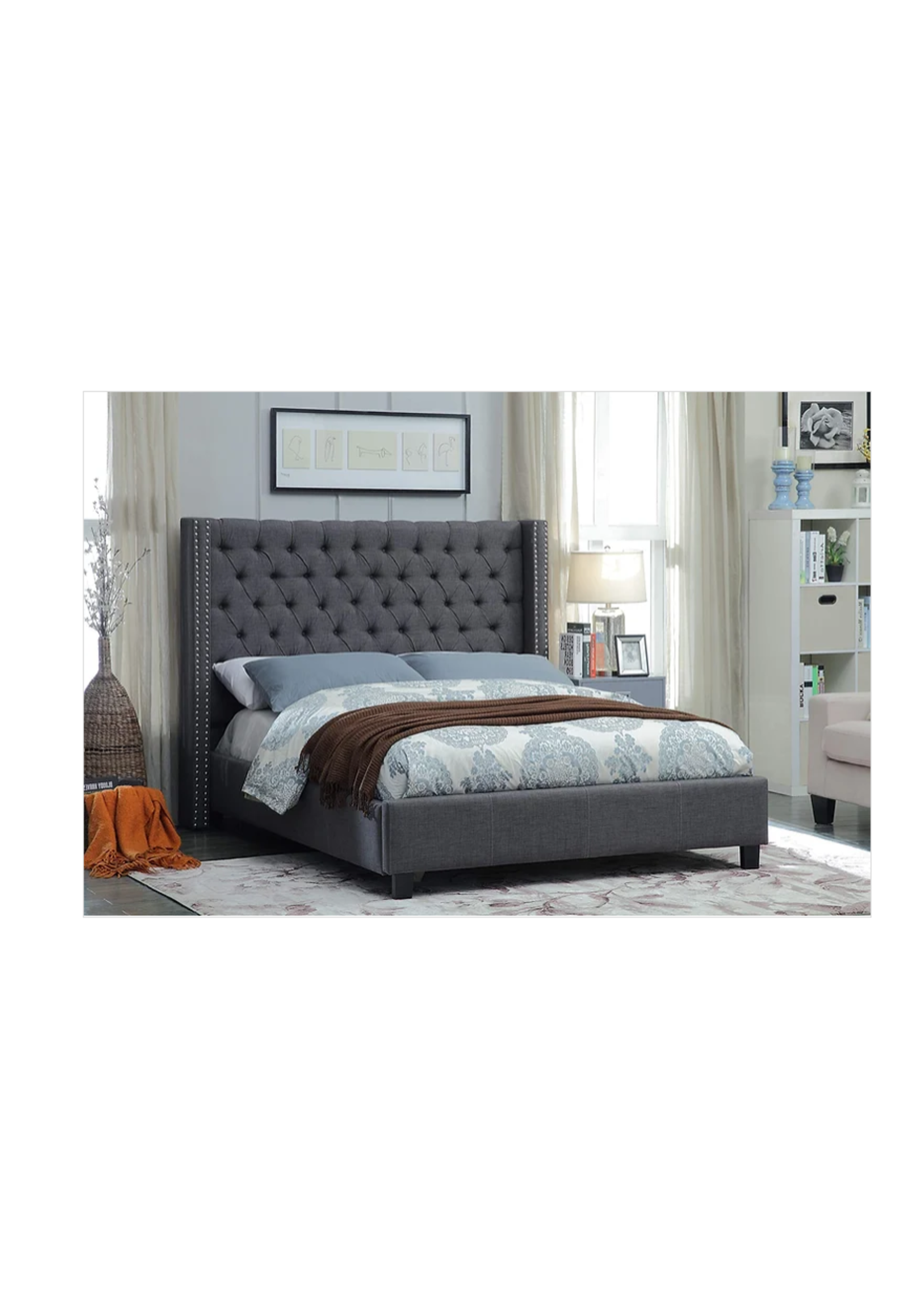 The Comox Queen Charcoal Grey Wing Bed Deep Button Tufting Nailhead Details