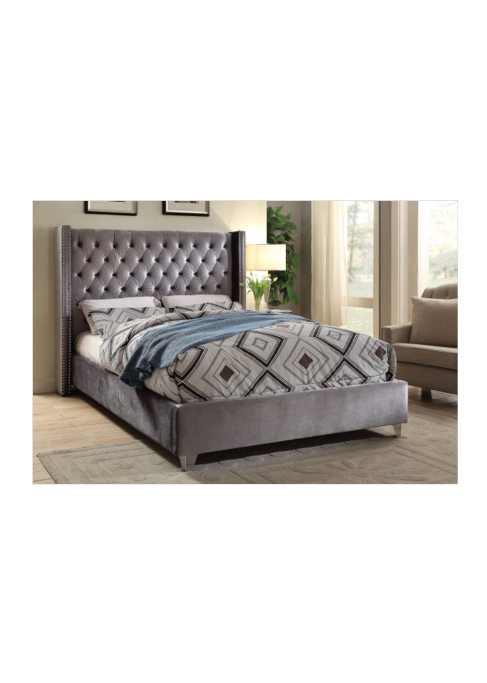 The Parksville Double Light Grey Fabric Wing Bed Deep Button Tufting Nailhead Details