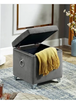 Grey Velvet Storage Ottoman with Deep Tufting, Chrome Ring, Nailhead Details and Chrome Legs