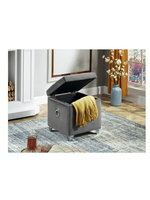 Grey Velvet Storage Ottoman with Deep Tufting, Chrome Ring, Nailhead Details and Chrome Legs