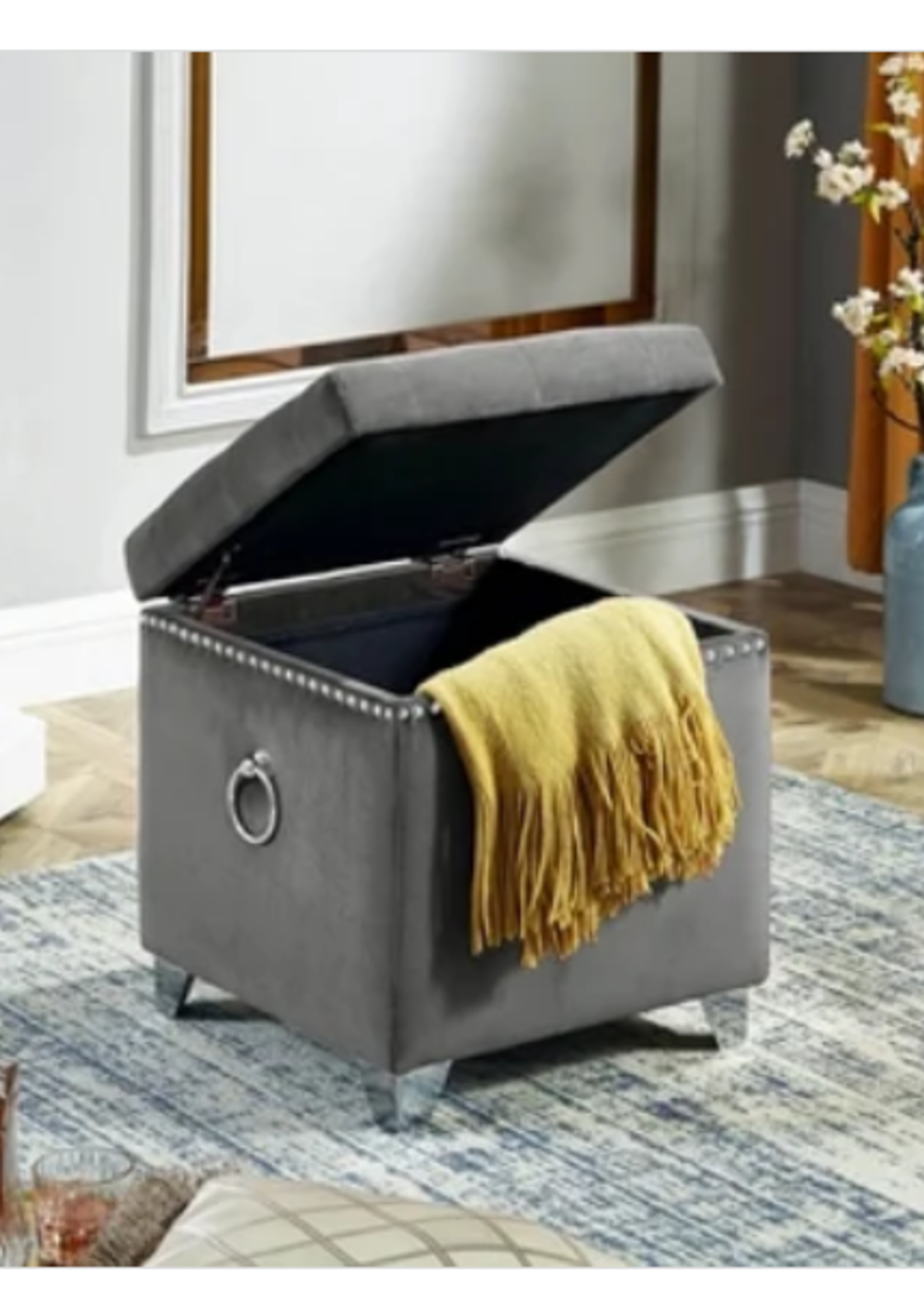 Grey Velvet Storage Ottoman with Deep Tufting, Chrome Ring, Nailhead Details and Chrome Legs