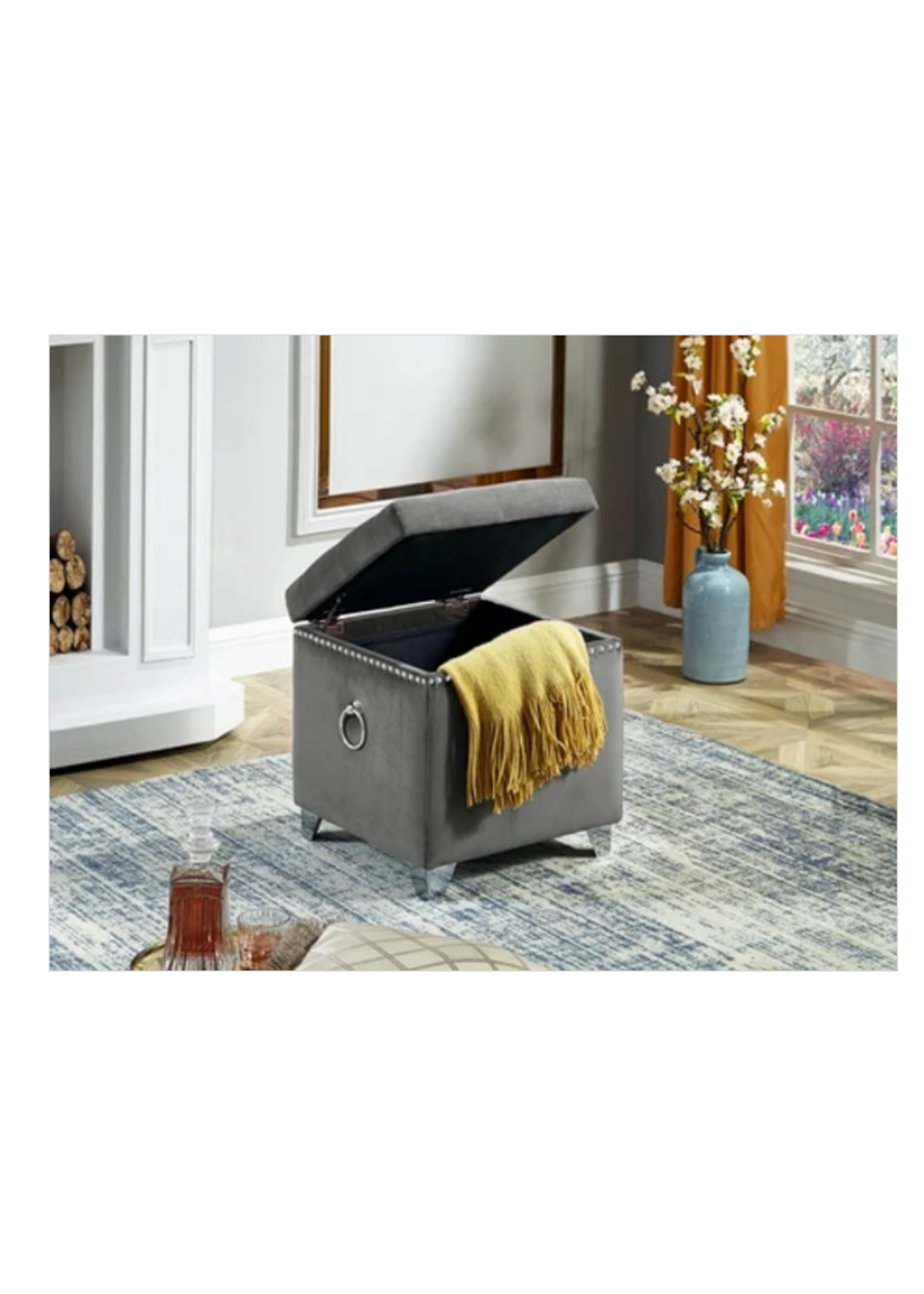 Grey Velvet Storage Ottoman with Deep Tufting, Chrome Ring, Nailhead Details and Chrome Legs