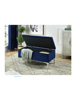 Blue Velvet Storage Bench with Deep Tufting and Chrome Legs