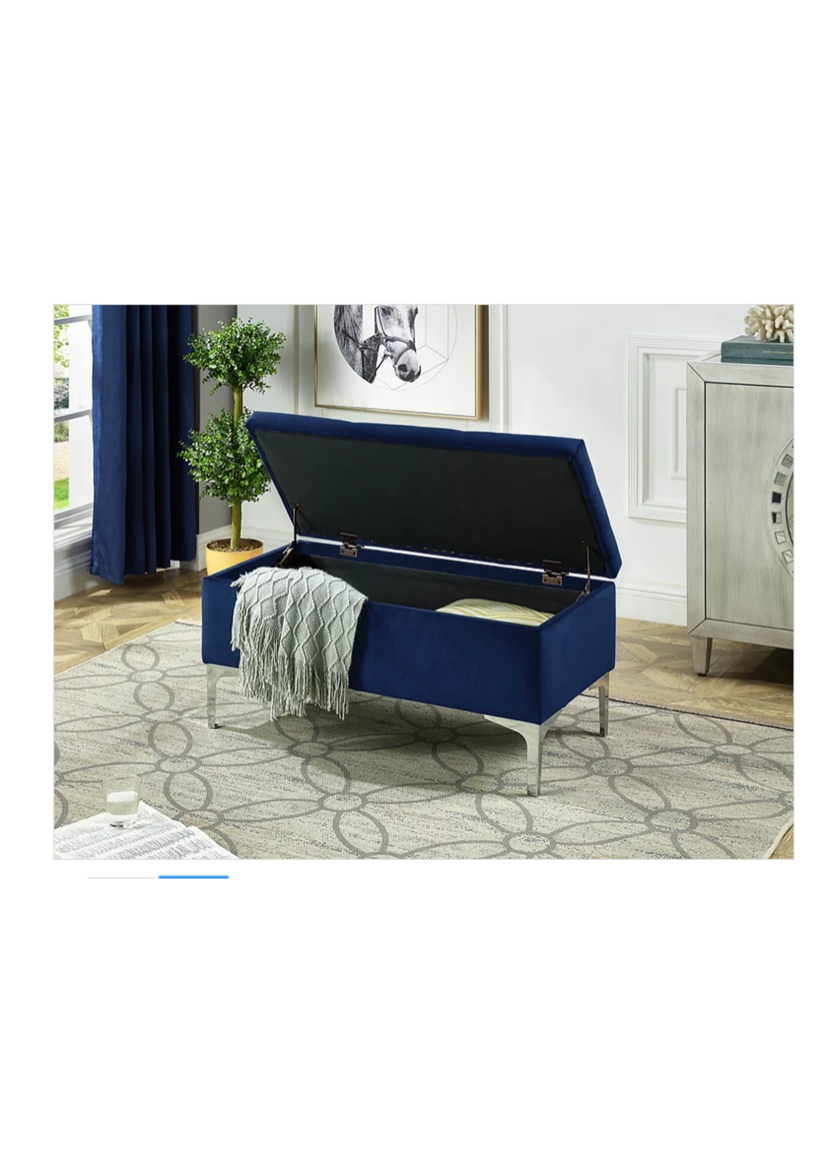 Blue Velvet Storage Bench with Deep Tufting and Chrome Legs