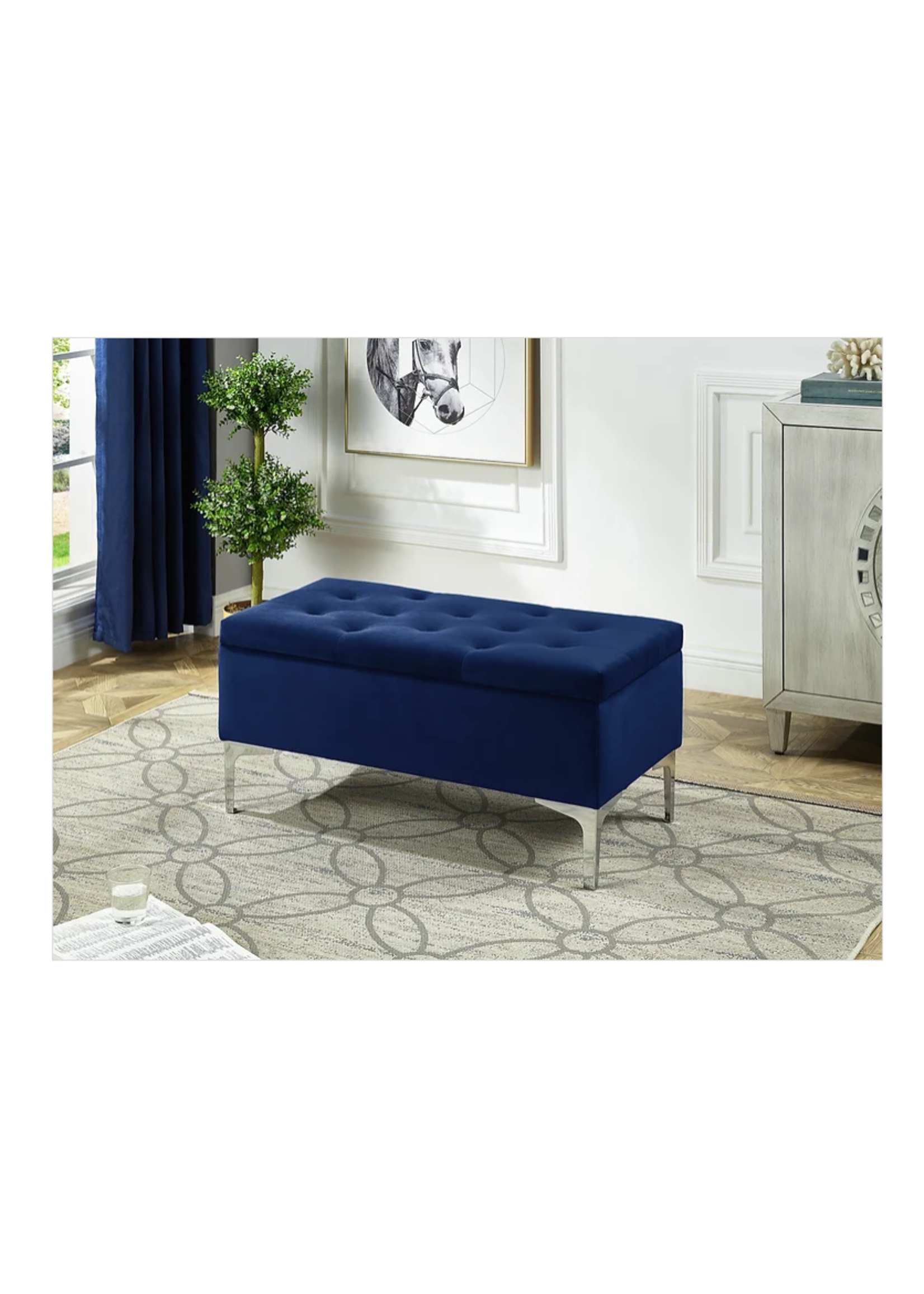 Blue Velvet Storage Bench with Deep Tufting and Chrome Legs