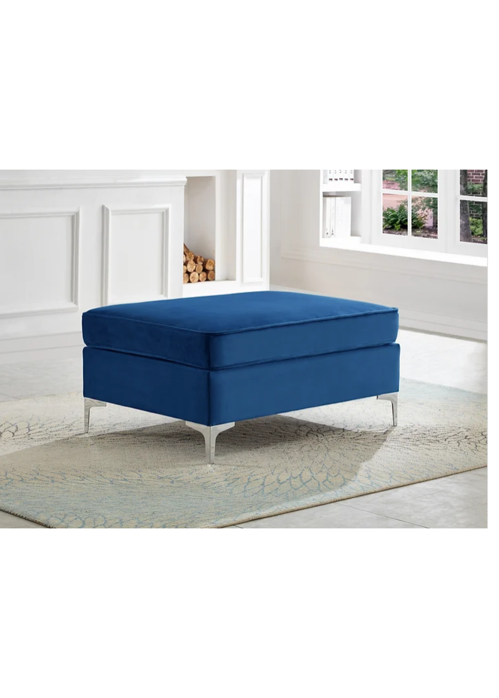 Blue Velvet Ottoman With Chrome Legs 44"L 29"W 21"H