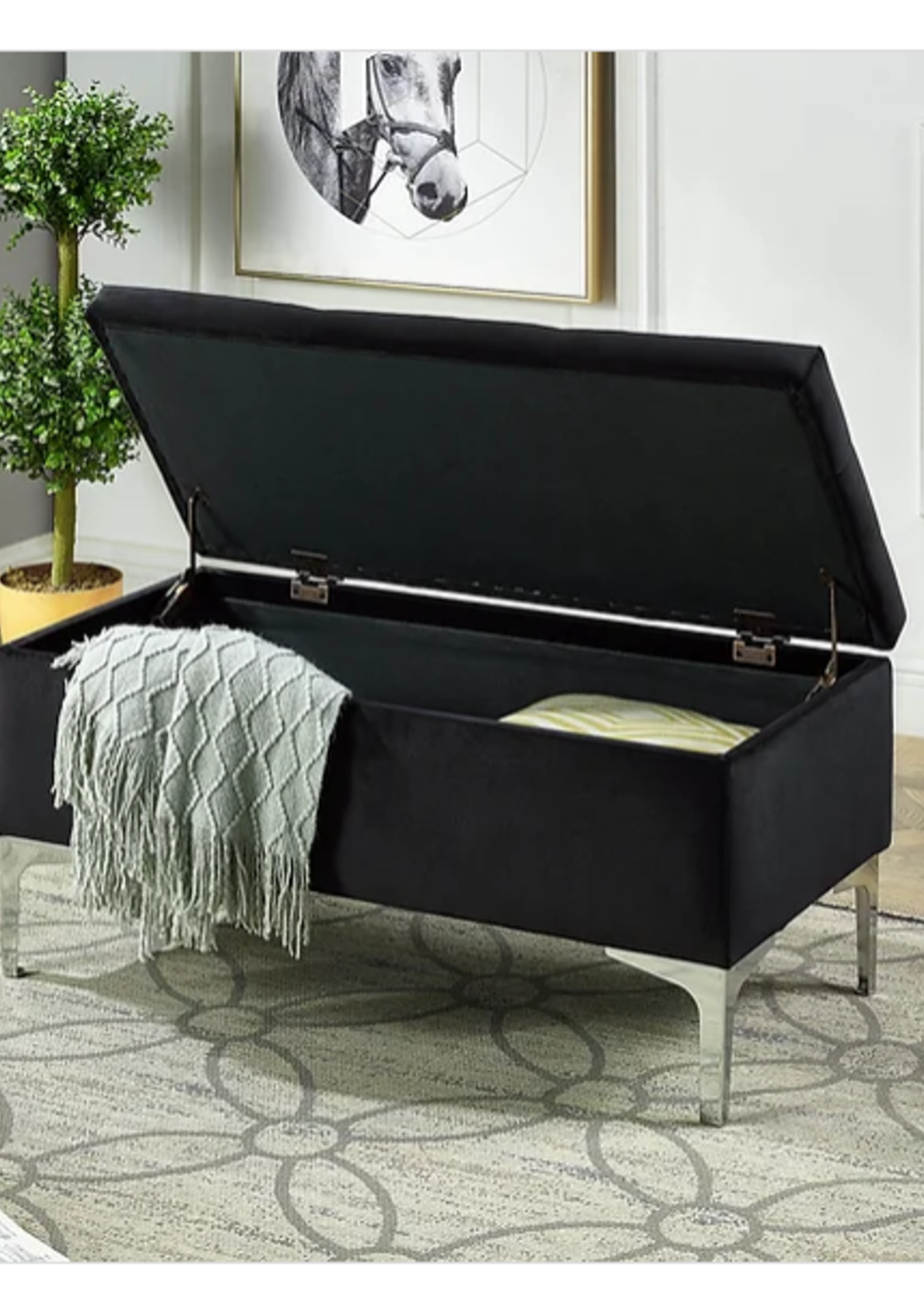 Black Velvet Storage Bench with Deep Tufting and Chrome Legs