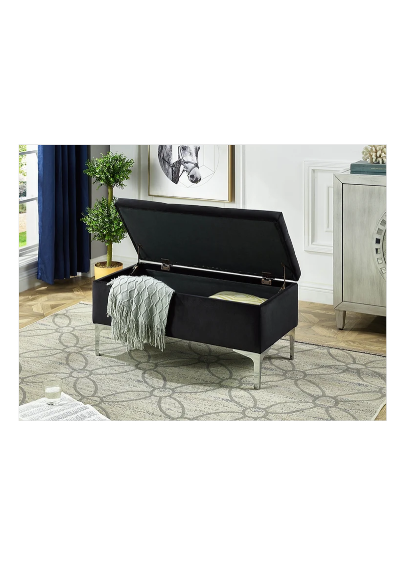 Black Velvet Storage Bench with Deep Tufting and Chrome Legs