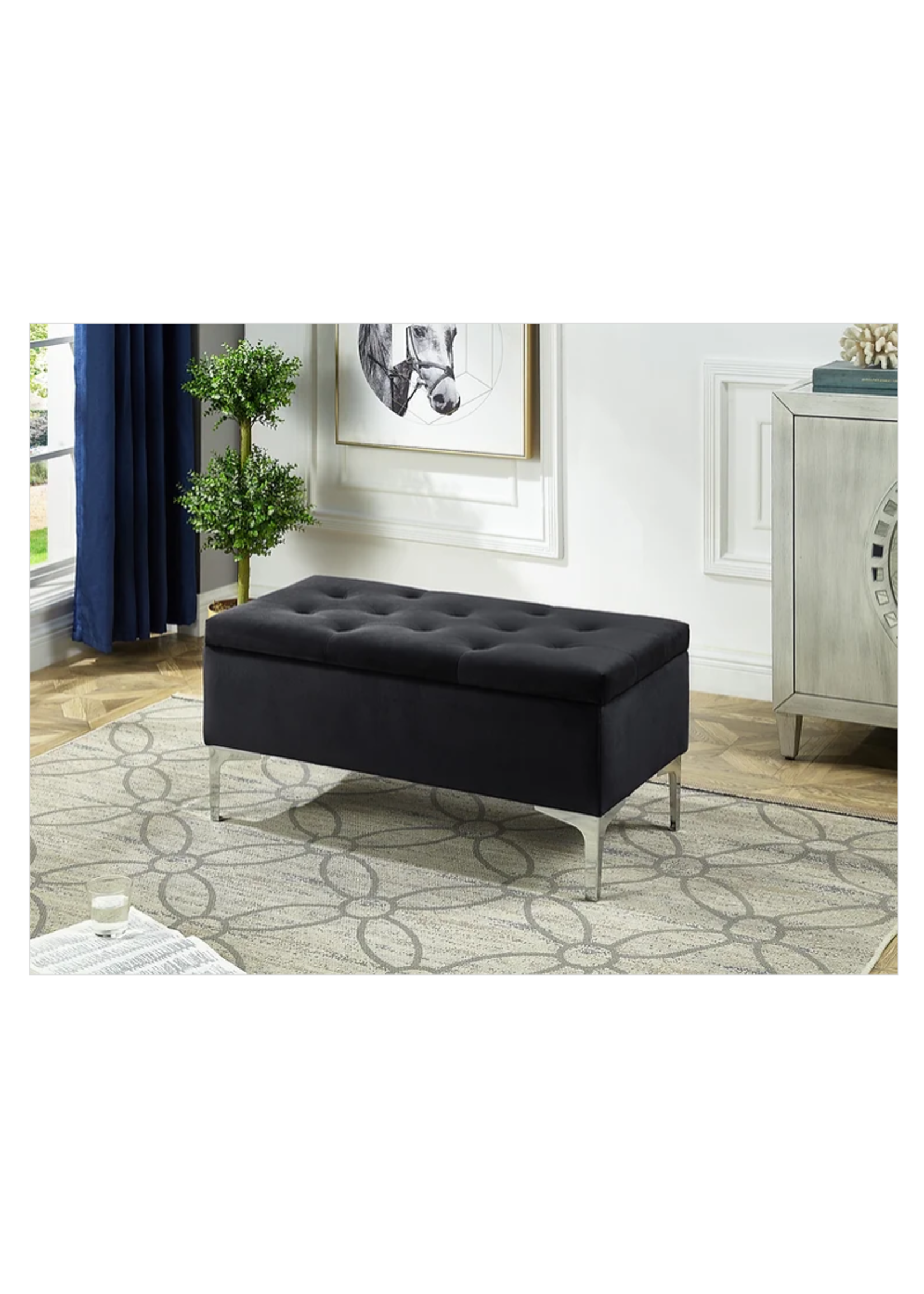 Black Velvet Storage Bench with Deep Tufting and Chrome Legs