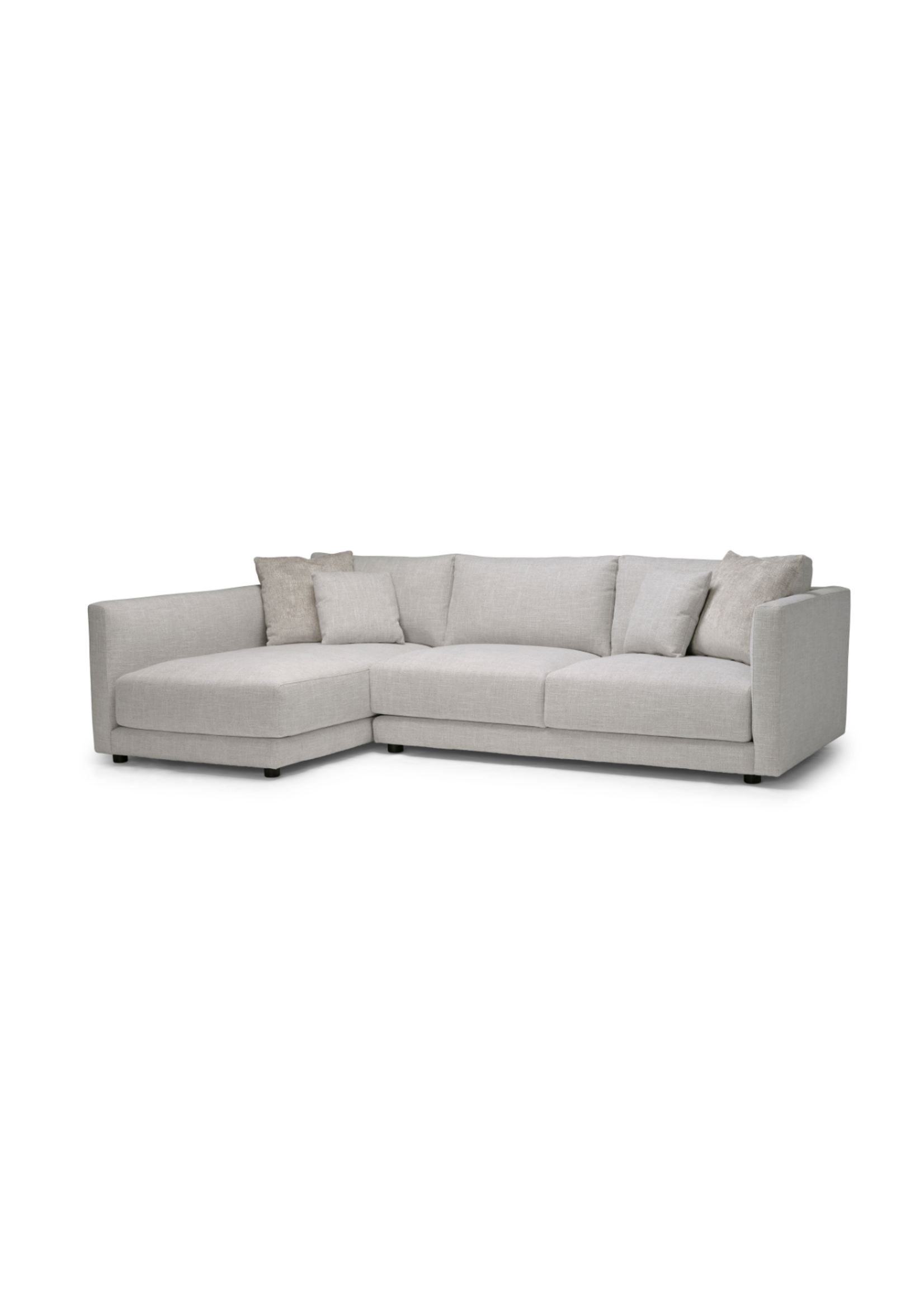 Ames 109 inch by 72 inch Sectional Stocked in Elliston Oyster - DEFENDER fabric. Toss in Hendricks Silver and Elliston Oyster. Sectional available as RAF and LAF (as shown).