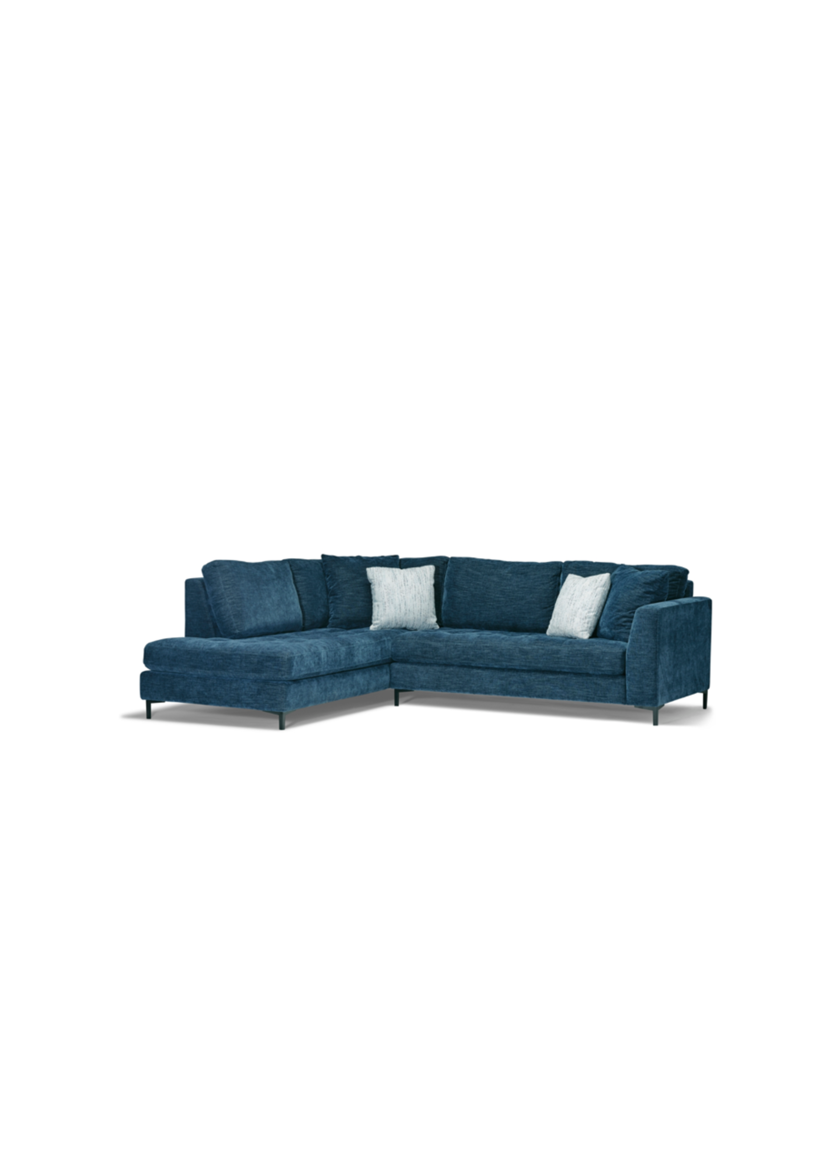 Ayden Sectional 105x86 Stocked in Devotion Denim. Black Metal Finish. *Sectional available in Left Facing Chaise (as shown) and Right Facing Chaise