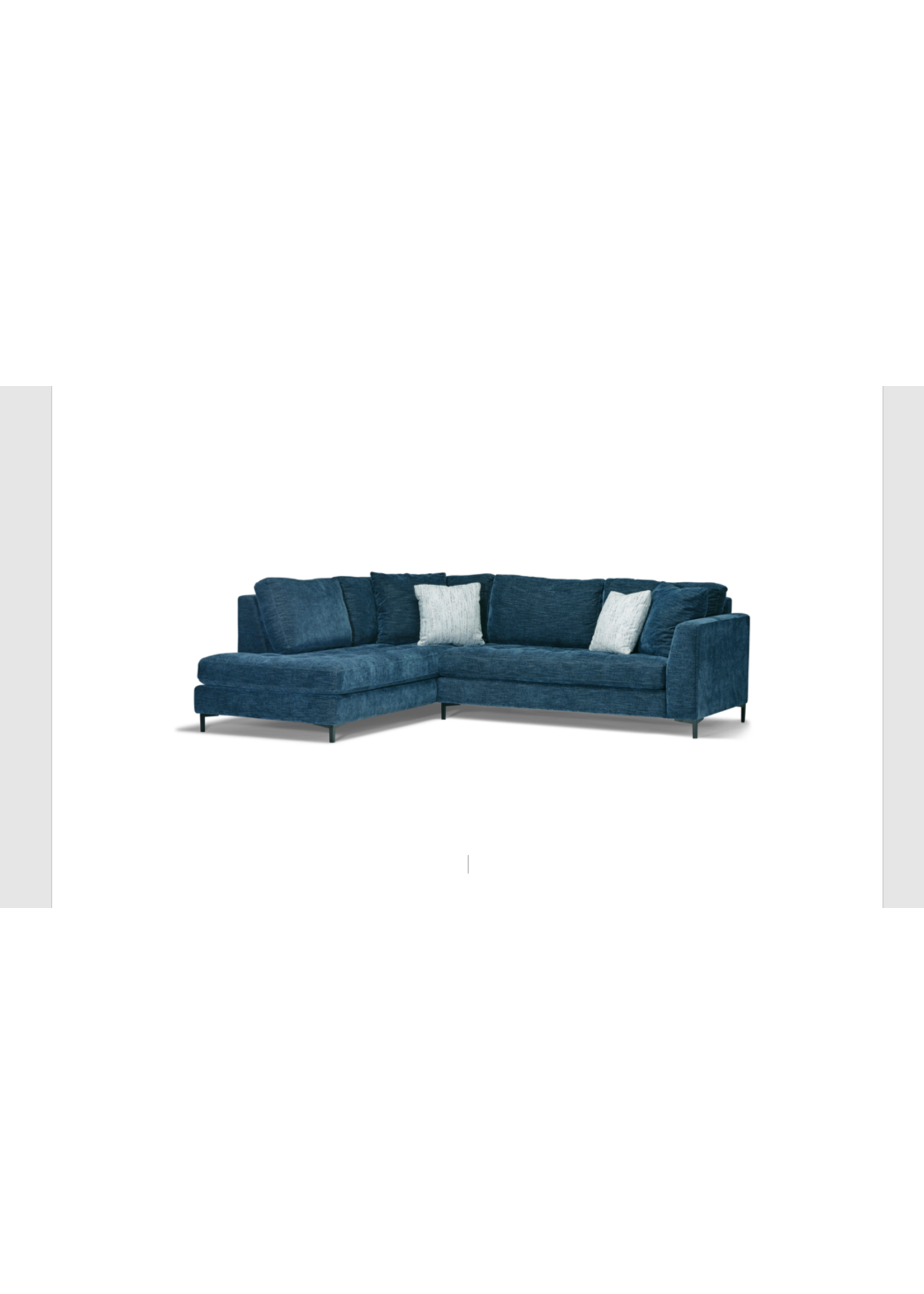 Ayden Sectional 105x86 Stocked in Devotion Denim. Black Metal Finish. *Sectional available in Left Facing Chaise (as shown) and Right Facing Chaise