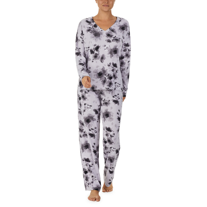 Donna Karan Essential Knits Long Sleeve Sleep Set- Grey Floral