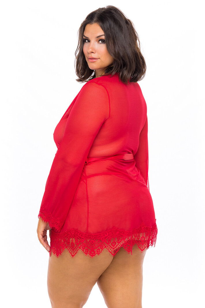 Oh La La Cheri Plus Size Provence Sheer Mesh & Lace Robe - Red